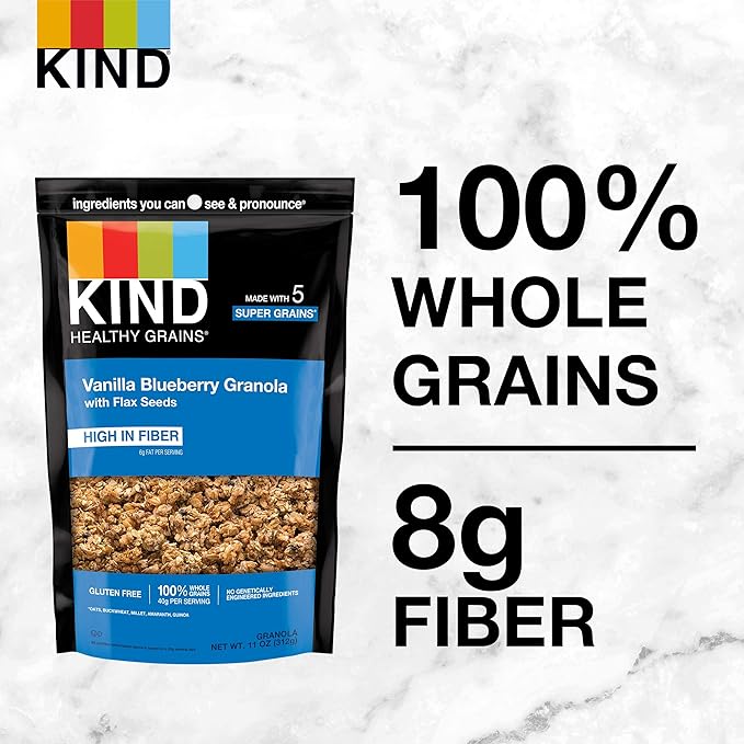 KIND Healthy Grains, Vanilla Blueberry Granola with Flax Seeds, Healthy Snacks, Gluten Free, 100% Whole Grains, 5g Protein, 11oz, 3 Count