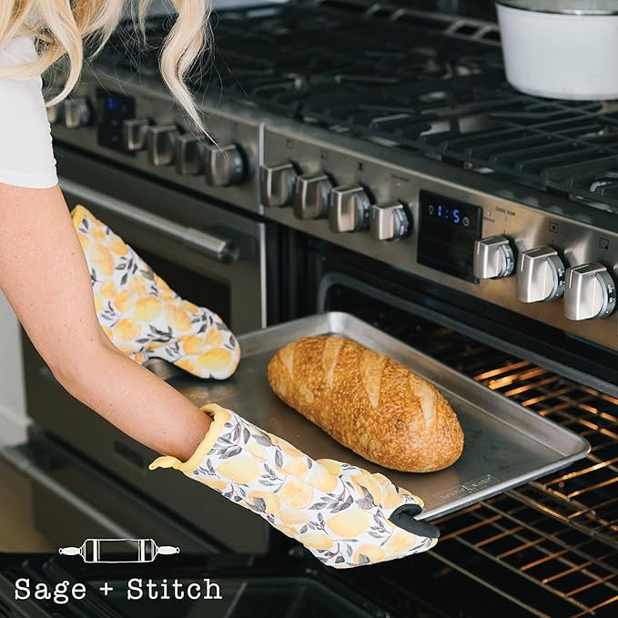 Heat Resistant Designer Kitchen Oven Mitts with Neoprene Non-Slip Grips and Hanging Loops | Set of 2 100% Cotton Long Sleeve Kitchen Oven Mitts | 5.5" x 12" | Yellow Lemons