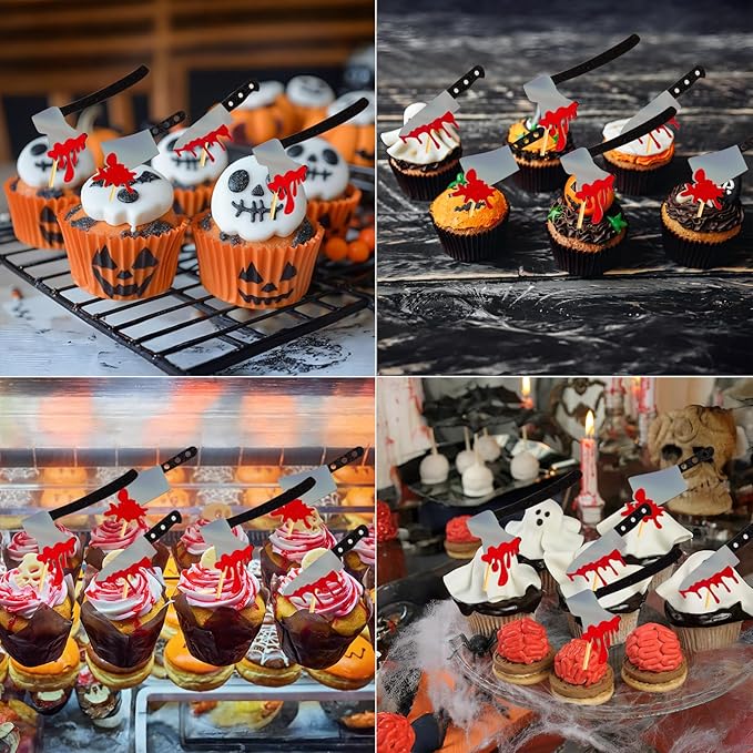 60Pcs Halloween Cupcake Toppers,Glitter Horror Blood Knife Cupcake Picks Have a Killer Birthday Party Supplies
