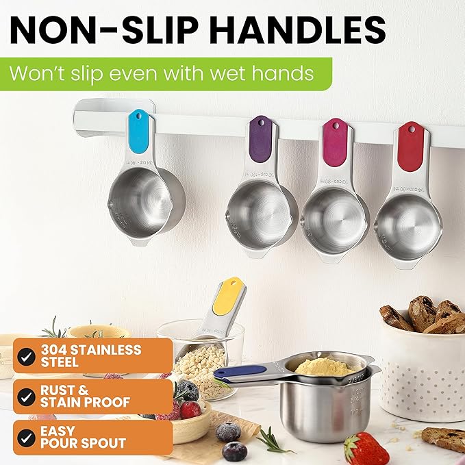 Spring Chef Magnetic Stainless Steel Measuring Cups (Patent Pending), Kitchen Tools with Easy to Read Markings for Measuring Dry or Liquid Ingredients, Set of 7, Multicolor