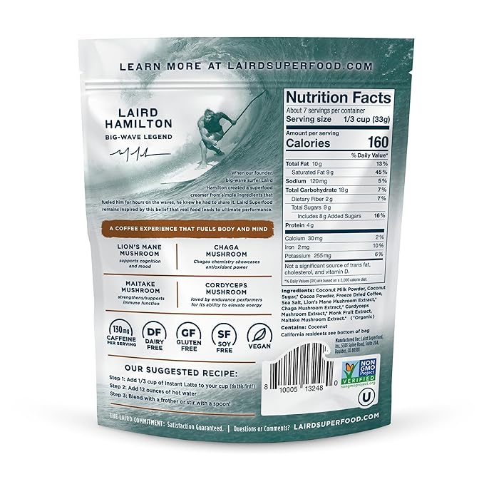 Laird Superfood Mocha Instant Latte with Adaptogens – Mocha Latte packed with Antioxidants and Superfood Coconut Creamer – Boost of Functional Fuel – Gluten Free, Non-GMO, Vegan, 8 oz. Bag, Pack of 1