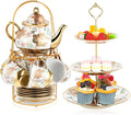 Maxcheck 21 Pcs Tea Party Set for Adults European Floral Tea Set with Metal Holder and 3 Tier Ceramic Cake Stand Porcelain Flower Cup Teapot for Dessert Cupcake(Classic Style)