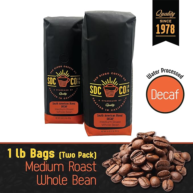 San Diego Coffee DECAF South American Blend, Medium Roast, Whole Bean Coffee, 16-Ounce Bags (Pack of 2) Café en grano tostado descafeinado