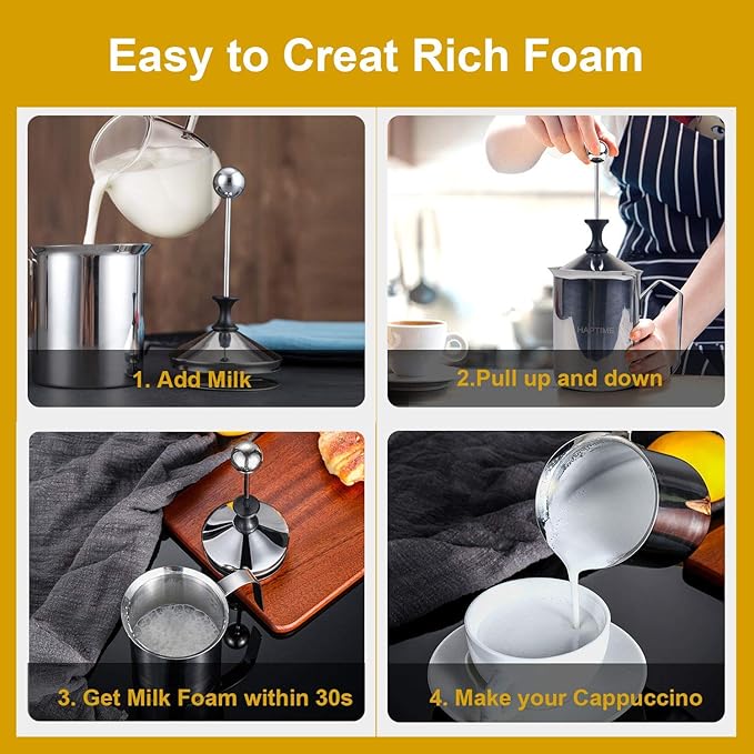 HAPTIME Manual Milk Frother Pitcher with Double Mesh Screen, Hand Frother with Pump for Cappuccino, Latte, and Coffee Foam,17-Ounce Capacity (500ml)