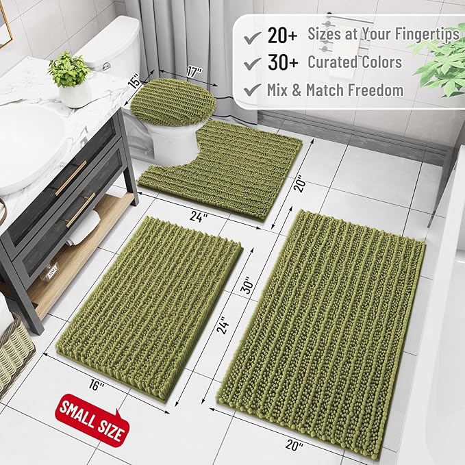 Arotive Luxury Chenille Bathroom Rug Mat, Extra Soft Thick Absorbent Shaggy Bath Rugs, Non-Slip Machine Wash Dry, Plush Bath Mats for Bathroom, Shower and Tub, 36x24, Willow Green