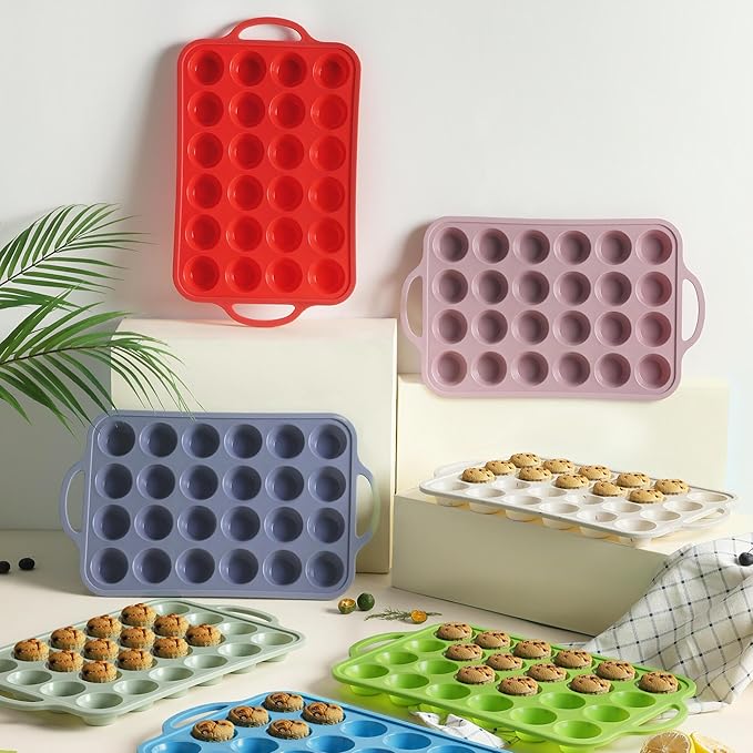 24 Cups Silicone Muffin Pan with Metal Reinforced Frame Mini Size Cupcake Pan Tray Egg Bites Silicone Circle Cookie Molds Little Small Muffin Tin Tart Pans Baking Sheet Set for Sandwiches