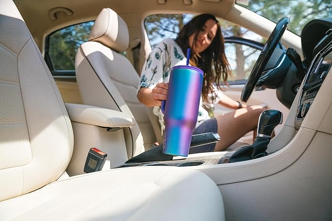 IRON °FLASK Co-Pilot Insulated Mug w/Straw & Flip Cap Lids - Cup Holder Bottle for Hot, Cold Drink - Leak-Proof- Water, Coffee Portable Travel Tumbler - Cashmere Cream, 16 Oz