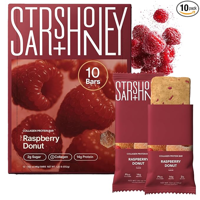 Stars + Honey Protein Bars- The Raspberry Donut,14g Protein, 2g Sugar, w/Collagen Keto Friendly Snack - Gluten, Dairy, & Soy Free - High-Protein Snacks for Energy & Recovery-10 pack