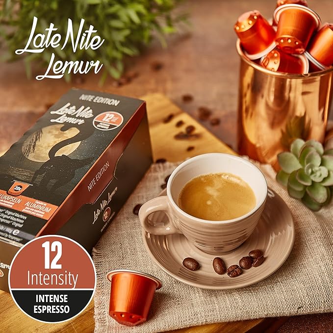 Late Nite Lemur 120ct for Nespresso Original Machine Compatible Pods I Intensity 12 I Aluminum Coffee Capsules I Like Palermo Kazaar Espresso I 100% Arabica Beans with High Intensity