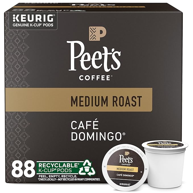 Peet's Coffee, Medium Roast Keurig K-Cup Pods - Café Domingo 88 Count (4 Boxes of 22 K-Cup Pods)