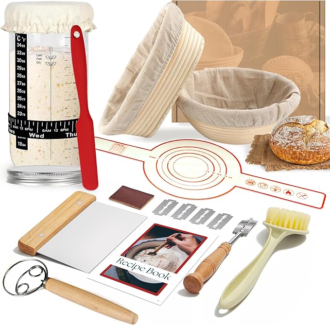 21 Pcs Sourdough Starter Kit, 10" Oval & 9" Round Banneton Bread Proofing Basket | Glass Jar, Whisk, Full Recipe Book & More, Sour Dough Starter Kit, Sourdough Bread Baking Supplies For Beginners