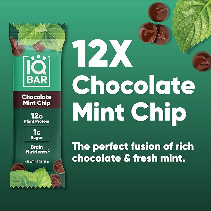 IQBAR Brain and Body Plant Protein Bars - Chocolate Mint Chip - 12-Count - Keto, Vegan, Low Carb, High Fiber, Gluten Free, Dairy Free, Low Sugar Snack with Nutrients for Focus, Energy, Meal Replacement