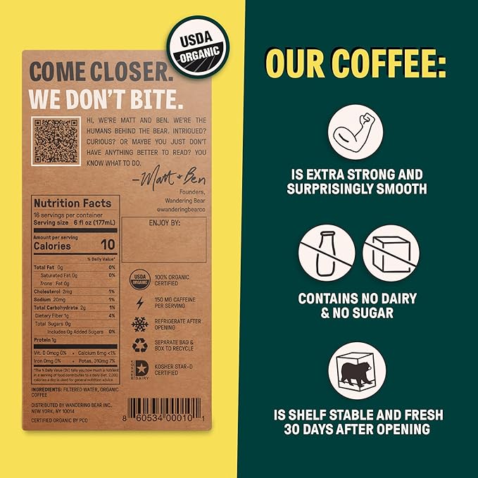Wandering Bear Straight Black Organic Cold Brew Coffee On Tap, 96 fl oz - Extra Strong, Bold, Smooth, Unsweetened, Shelf-Stable, Ready to Drink, 100% Organic, Iced Cold Brewed Coffee Drinks