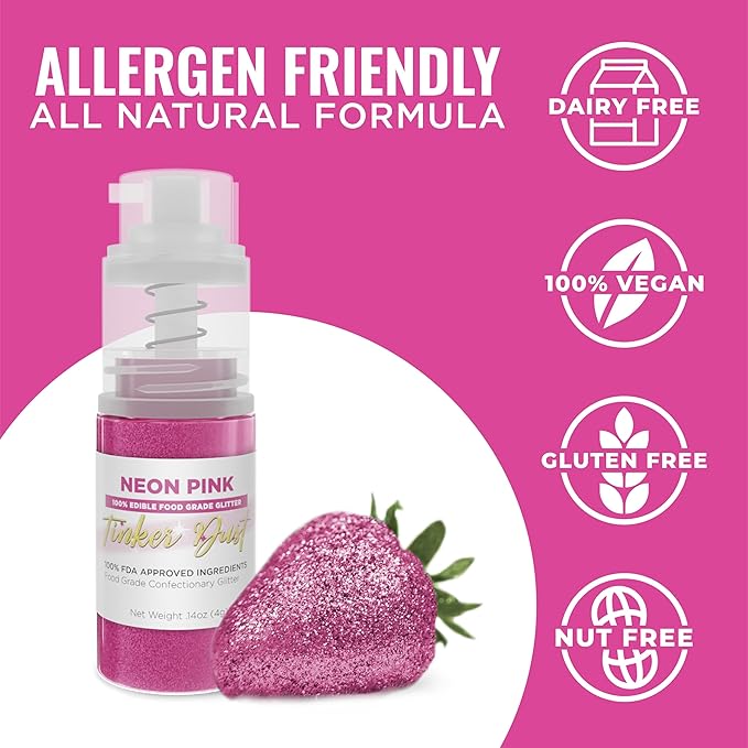 Bakell - Neon Pink Tinker Dust (4g, 1x Mini Spray Pump) Edible Glitter for Food, Desserts, and Beverages!