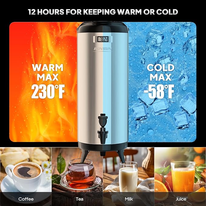 ROVSUN 4.8 Gallon Insulated Beverage Dispenser, Stainless Steel Hot and Cold Drink Dispenser, Ice and Hot Drink Server w/Spigot, Hot and Cold Beverage Server for Coffee, Tea, Milk & Juice