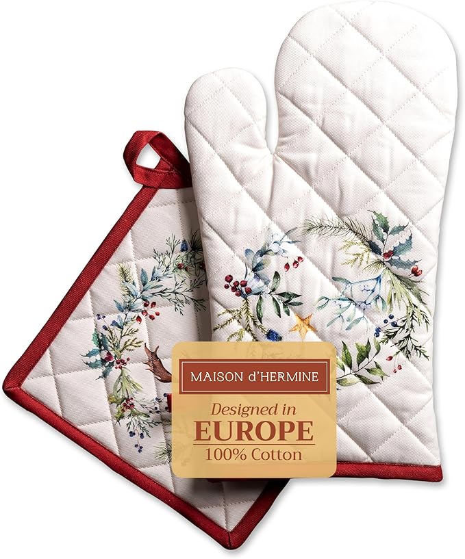 Maison d' Hermine 100% Cotton Oven Mitt & Pot Holder Set (7.5"x13" & 8"x8") Heat Resistant BBQ Cooking Gloves with Loop, Baking, Grilling, Kitchen, Handling Hot Pans (Holly Time)