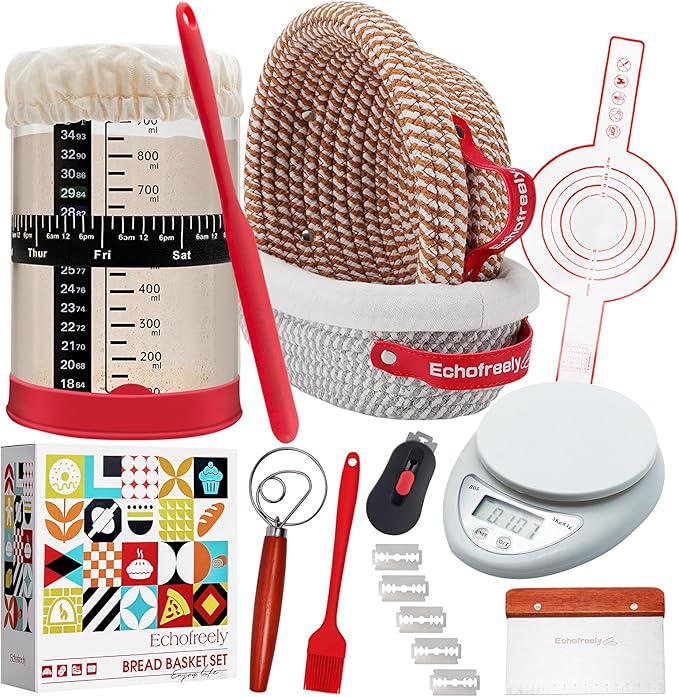 Complete Sourdough Starter Kit with 34oz Glass Jar, Digital Scale, 2 Banneton Baskets & Essential Tools | All-in-One Sourdough Bread Baking Supplies for Beginners & Pros