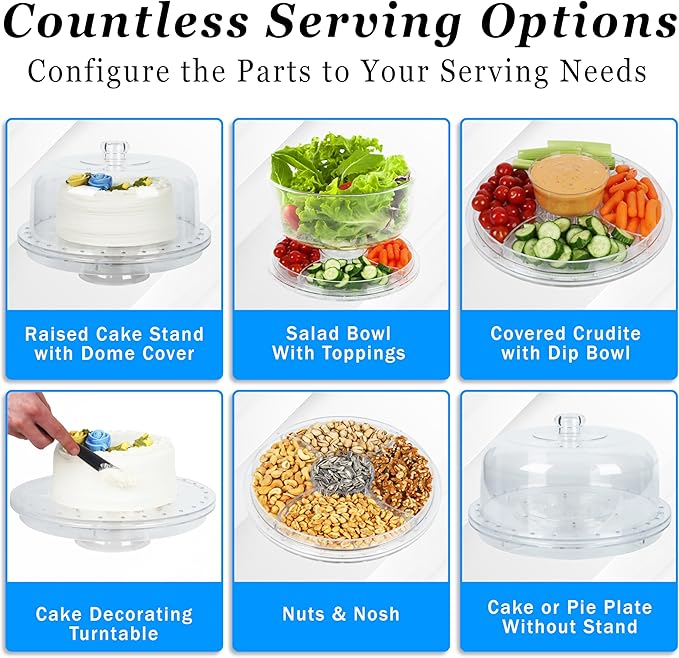 7 in 1 Multifunctional Acrylic Cake Stand with Lid & Cake Turntable for Decorating (12") - Turntable Decorating Kit Serving Salad Bowl/Veggie Platter/Punch Bowl/Desert Platter/Chips & Dip - BPA Free