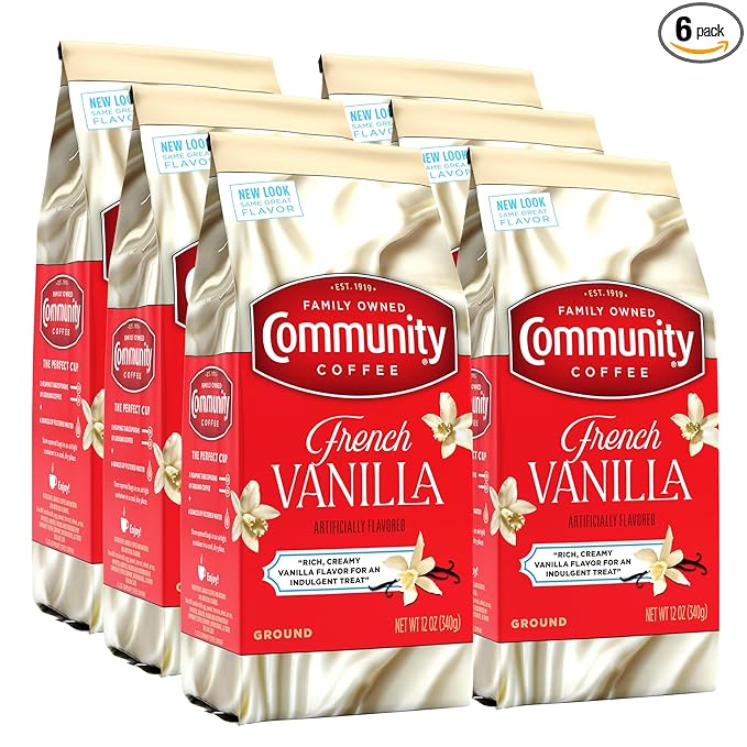 Community Coffee French Vanilla Flavored 72 Ounces, Medium Roast Ground Coffee, 12 Ounce Bag (Pack of 6)