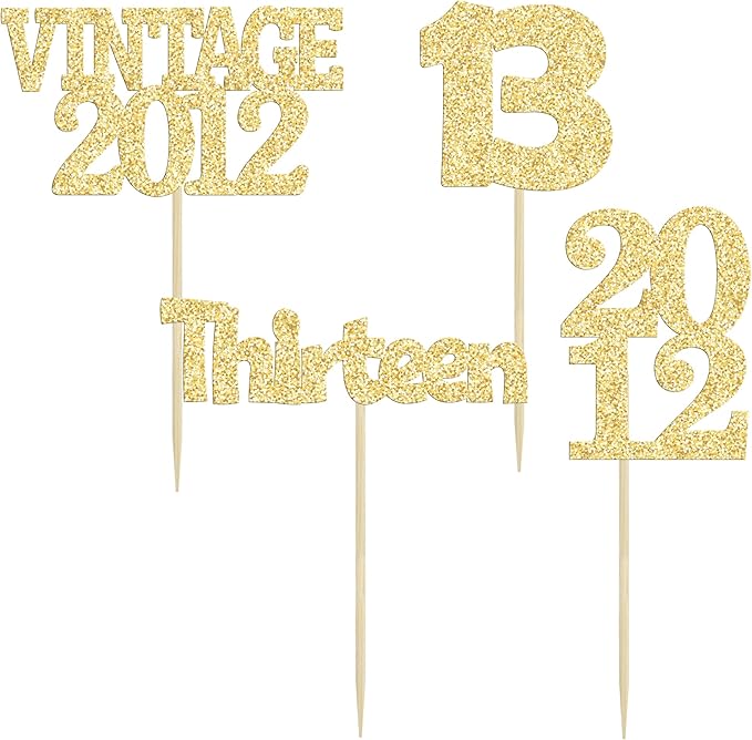 Gyufise 24Pcs Official Teenager 13 Cupcake Toppers Glitter Thirteen Vintage 2012 13th Birthday Cupcake Picks Hello 13 Years Birthday Cake Decor for Happy 13th Anniversary Party Supplies Gold