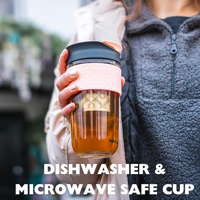 Large Travel Mug Loose Tea Infuser - Detachable Tea Strainer with Spill Proof Lid - 18oz/530ml BPA-Free Reusable Glass Travel Coffee Cup with Silicone Band (Pink) (Pink)
