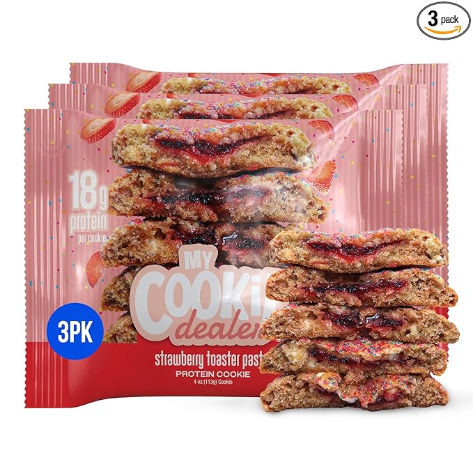 My Cookie Dealer Protein Cookies, Strawberry Toaster Pastry (4oz, Pack of 3) - 18g Protein per Cookie - Individually Wrapped Workout Snacks for On-The-Go Travel