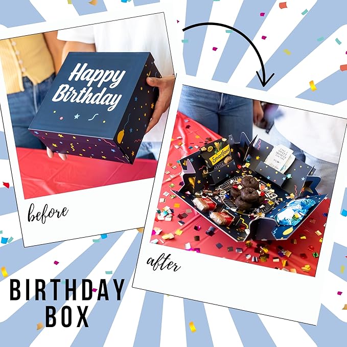 Explosion Gift Box with Treats – Premium Surprise Snack Box with Donuts, Cookies, Chips & More – Blank Design for Any Occasion – Party, Celebration, or Just Because Gift (Happy Birthday)