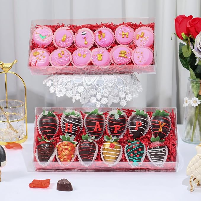 RomanticBaking 20Pcs 12x5x2Inches Clear Easter Cookies Boxes Chocolate Covered Strawberries Boxes for 12 Plastic Truffle Box Bakery Cakesickle Gift Box for Christmas Valentine's