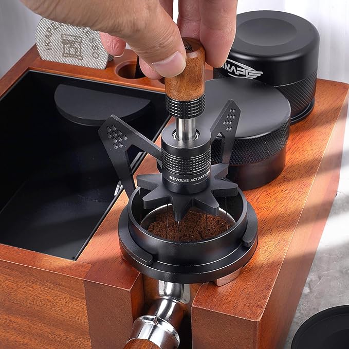 IKAPE Mantis WDT Distribution Tool with Clean Brush, 51mm Espresso Stirrer Distribution Tool for Barista - 8 Needle Espresso Stirrer with Dosing Funnel & Stand, Adjustable Needle Height, Walnut Handle