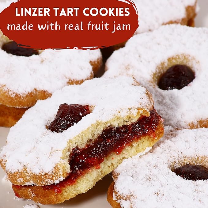STERN'S BAKERY Linzer Tart Cookies – Christmas Cookies in a Tin | Raspberry Shortbread Cookies – Gourmet Holiday Food Gifts for Women, Corporate & Friends – Kosher, Nut Free, Dairy Free