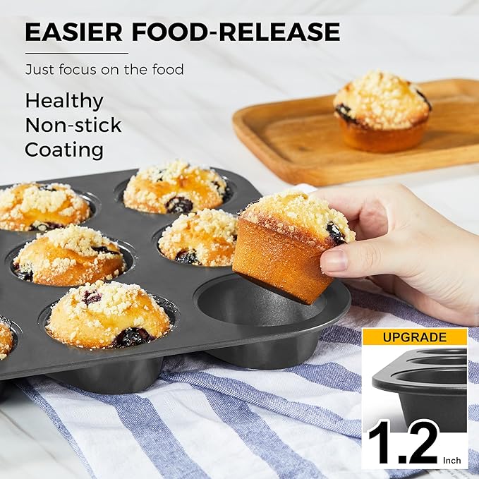 HONGBAKE Muffin Pan with 500 Cupcake Liners, Nonstick Cup Cake Tin for Baking,Premium 12 Cup Cheesecake Trays - Dark Grey