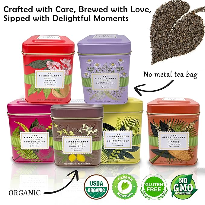Premium USDA Organic Ceylon Tea Sampler Set - 6 Flavors, 50 Bags Per Tin (300 Total) Variety Pack Non-GMO, Herbal, Fruity, Green & Black, Caffeinated & Decaffeinated