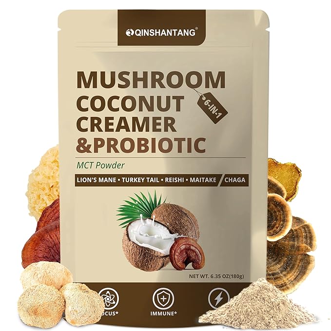 Mushroom Coconut Creamer, Natural Creamer for Coffee, 5 Mushrooms Extract, MCT Powder & Probiotics | Lion's Mane, Turkey Tail, Reishi, Maitake, Chaga | Plant-Based, Keto-Friendly| 6.35 Oz