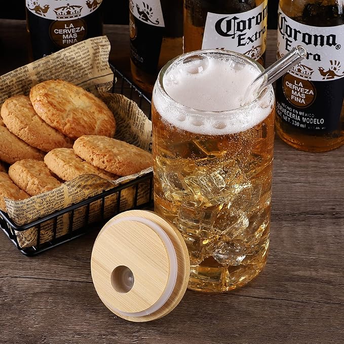 Glass Cups with Lid and Straw, 16oz Beer Glasses Glass Coffee Cups, Iced Coffee Cups with Lid, Glass Tumbler with Straw and Lid (8 PACK)