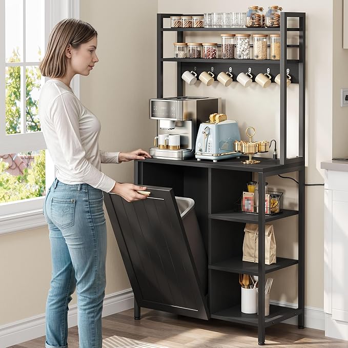 YITAHOME Bakers Rack with Storage Microwave Stand with Trash Can Bin Cabinet and Power Outlet 6-Tiers Coffee Stand Large Microwave Table for Kitchen Dining Room Living Room Black