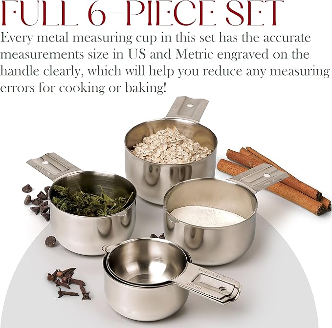 Bellemain One Piece Stainless Steel - Nesting measuring cups for Kitchen for Bakers, Dry - Ml & Oz measuring cup for Liquid, Metal, Set of 6