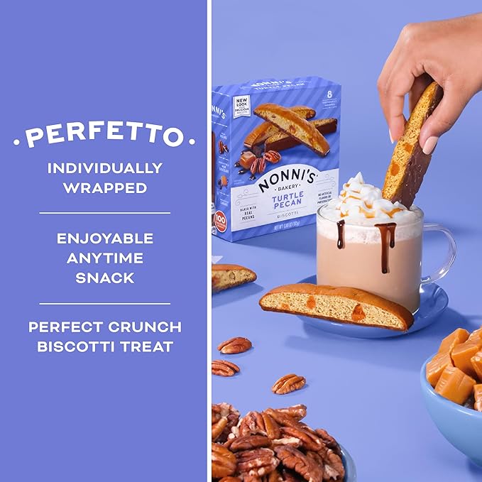 Nonni's Turtle Pecan Biscotti Italian Cookies - 6 Boxes Caramel Pecan Cookies Dipped in Milk Chocolate - Butter Pecan Biscotti Individually Wrapped Cookies - All Natural Ingredients - Kosher - 6.88 oz
