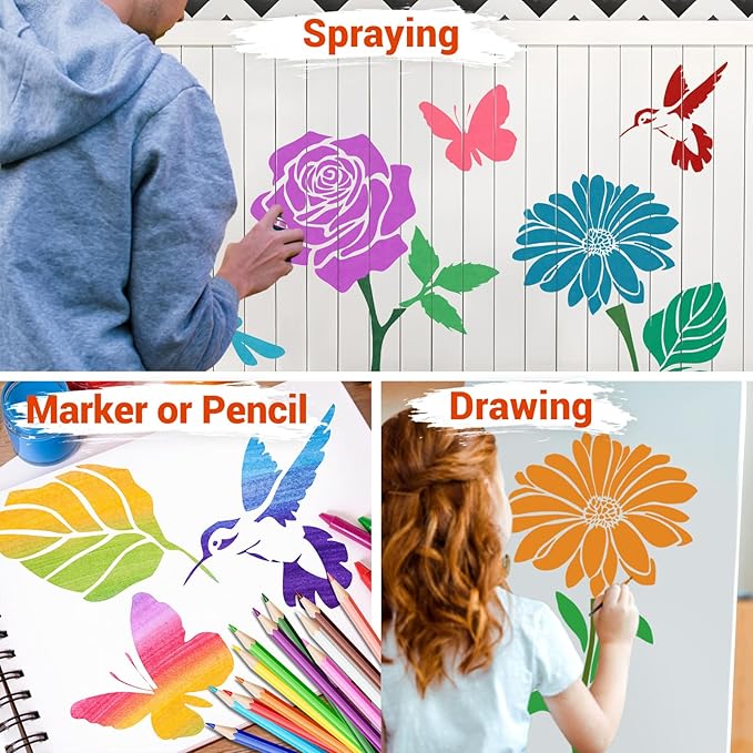 12 PCS Large Flower Painting Stencils, Reusable Sunflower Stencils for Painting on Wood Rocks Canvas Fabric Glass Pottery DIY Painting Art Projects