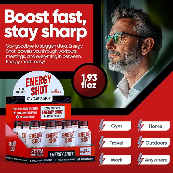 B12 Açaí Pomegranate Extra Strength Energy Shot 10 pk – 260mg Natural Caffeine B12 B6 – Energy & Vitality Support – 2 Servings Sugar Free Zero Calorie Green Tea B-Vitamins Electrolytes Vegan – 1.93 fl oz
