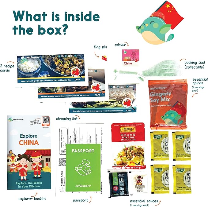 eat2explore Cooking Kits for Kids – Interactive & Educational Kids Cooking Sets Real for Ages 5 and Up,3 Recipe Cards & Global Ingredients – Fun Gift for Young Chefs (China Edition)