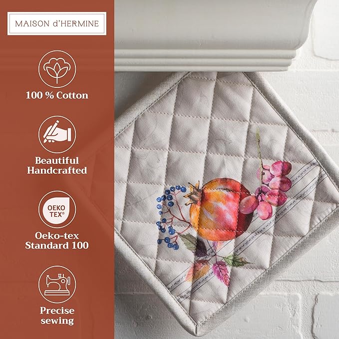 Maison d' Hermine Pot Holders Set 100% Cotton Heat Resistant Potholders 8" x 8" Hot Pads with Loop BBQ, Cooking, Baking, Grilling, Kitchen, Handling Hot Pans (Pack of 2, Fruit D'Hiver)