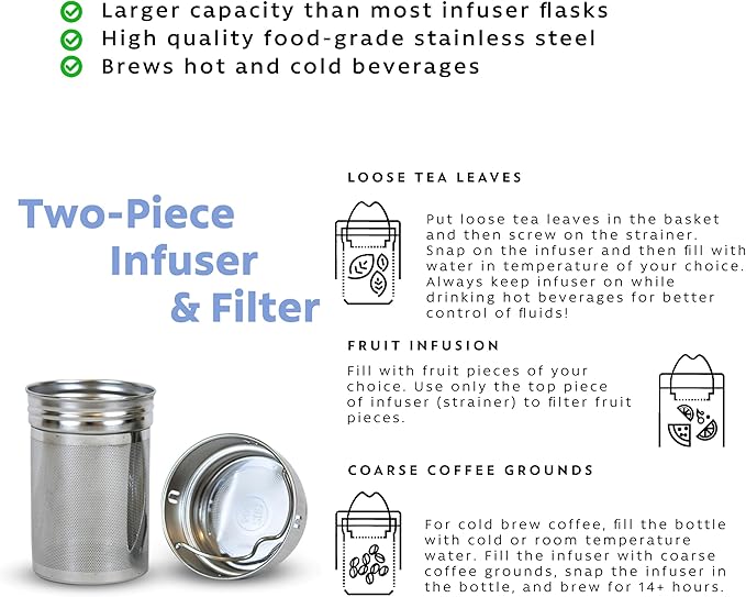 London Sip 25 oz Multi-Function Travel Mug and Tumbler Tea Infuser Water Bottle Fruit Infuser Flask Hot and Cold Double Wall Stainless Steel Coffee Thermos, Cosmic Silver