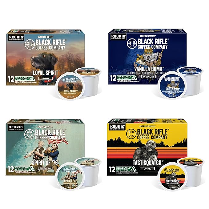 Black Rifle Coffee Flavored Variety 48 Pods - Loyal Spirit (Light Roast), Vanilla Bomb & Spirit of 76' (Medium Roast), Tactisquatch (Dark Roast) - K Cups Coffee Variety Pack