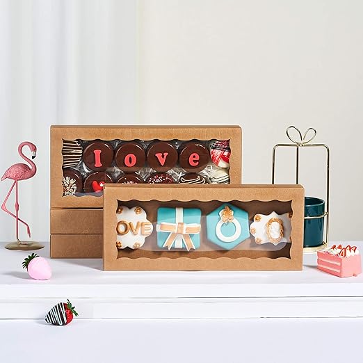 100PCS 12 x 5 x 1.5 inches Auto-Popup One Piece Premium Cookie Boxes, Mini Strawberry Boxes, Kraft Brown Bakery Box for Holiday Cookie Gift Sets