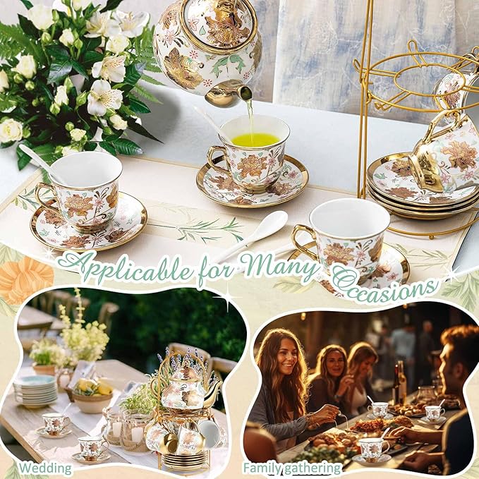 Zhehao 20 Pcs Porcelain Tea Set with Metal Holder and Spoon Adult Ceramic Tea Party Set European Flower Painting Teapot Cup Saucer Spoon Set for Women, Large Version(Elegant Style)