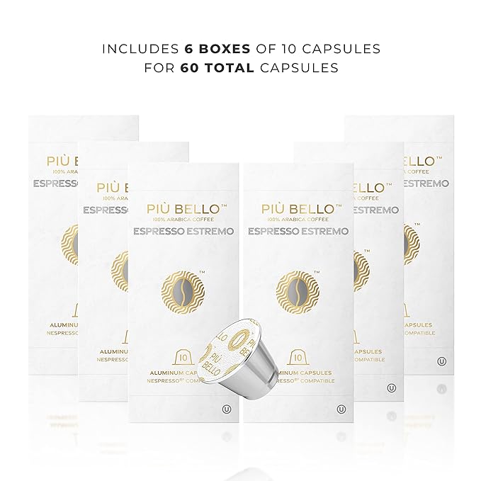 Piu Bello Espresso Estremo Coffee Pods – Espresso Coffee Pods for Nespresso Original Machines – Compatible Capsules Pack – Rich & Balanced Taste – Strong Italian Espresso Flavor – Kosher Certified (60 Count, Single Flavor)