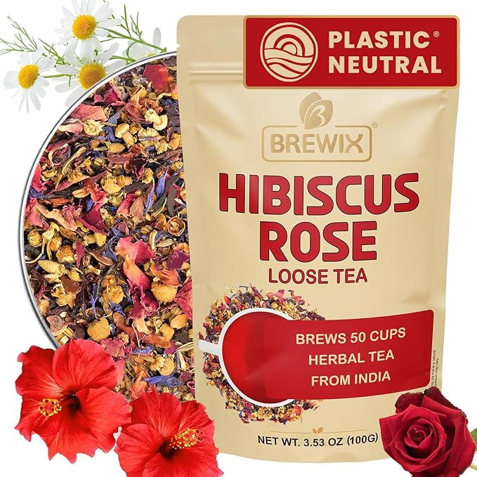 BREWIX, Hibiscus Rose Herbal Loose Tea (50+ Cups) | 100% Natural, Handmade, Pure from Hibiscus Flowers | Hibiscus with Rose Petals, Chamomile and Exotic Spices | Supports Everyday Wellness, Digestion and Cardiovascular System | Rich in Antioxidants & S...