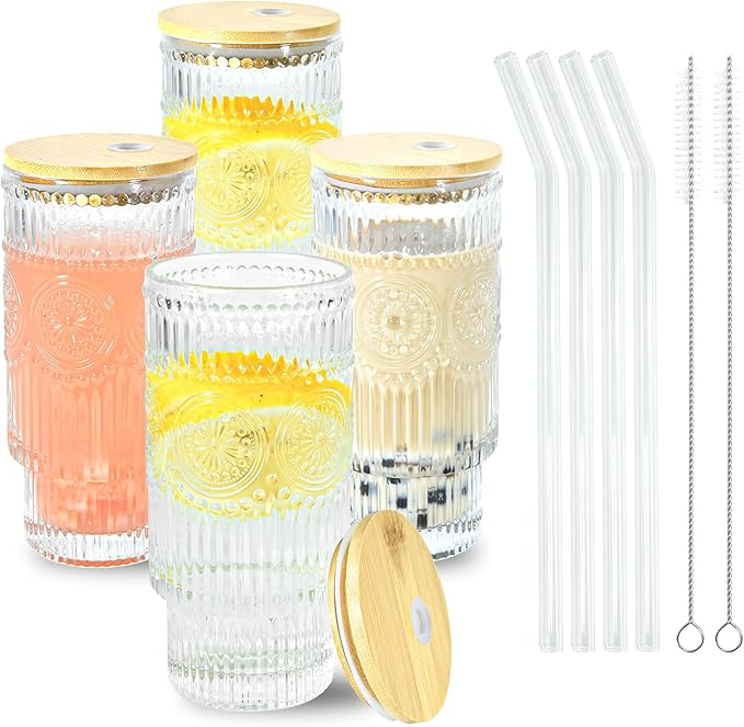 4 Pcs 11 oz Drinking Glasses Cups Set with Bamboo Lids Straws Brush Small Glassware Set for Juice Iced Coffee Cocktail Whiskey(Sunflower*4)