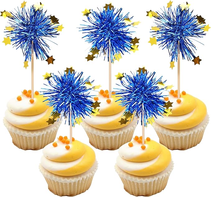 30 PCS Foil Firework Cupcake Toppers Happy Birthday Star Cupcake Picks Sparkle Tinsel Drink Stirrers Cocktail Fruit Toothpicks for Valentine's Day Wedding Birthday Party Decorations Supplies Blue