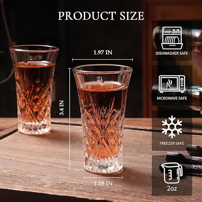 6 Pack Shot Glass Bulk Set with Heavy Base 2 OZ Small Shot Cups for Vodka, Whiskey, Tequila, Espresso, Liquor Set